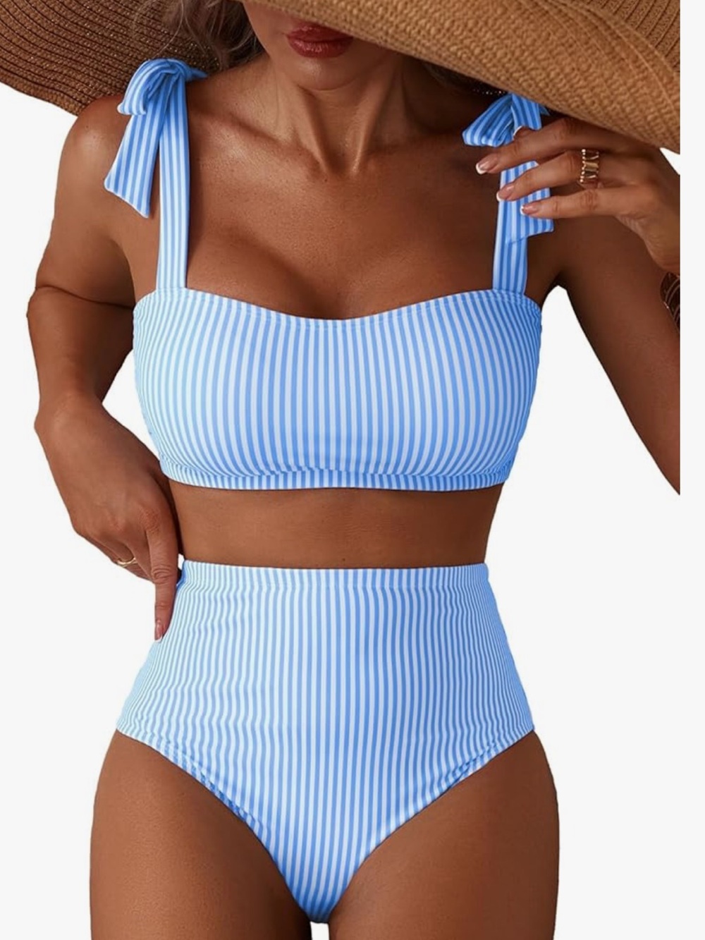 Coastal Vibes Blue Striped High-Waist Bikini Set with Tie Straps